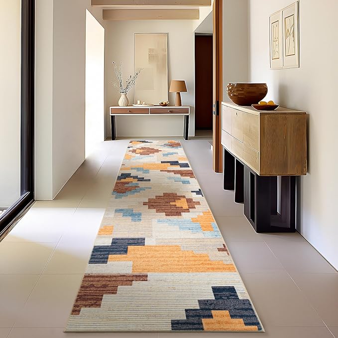 Phantoscope Washable Runner Rug 2'x10' Non-Slip, Modern Neutral Boho Hallway Rugs for Entryway, Stair, Bedroom, Abstract Geometric Blocks Pattern, Low-Pile Foldable Floor Carpet, Warm Terracotta/Cream