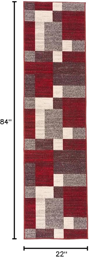 Rugshop Red Modern Geometric Boxes Non-Slip Area Rug Non-Shedding for Hallway, Entryway and Kitchen, 2' x 7'2" (22" X 84")