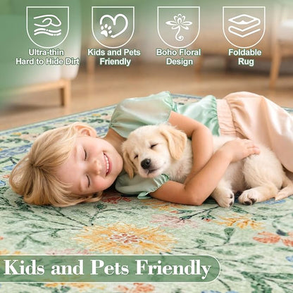 Wonnitar Washable Floral Round Rug, 6ft Sage Green Round Area Rugs for Bedroom Nursery, Boho Non-Slip Indoor Large Circle Carpets for Dining Room Living Room Kids Playroom