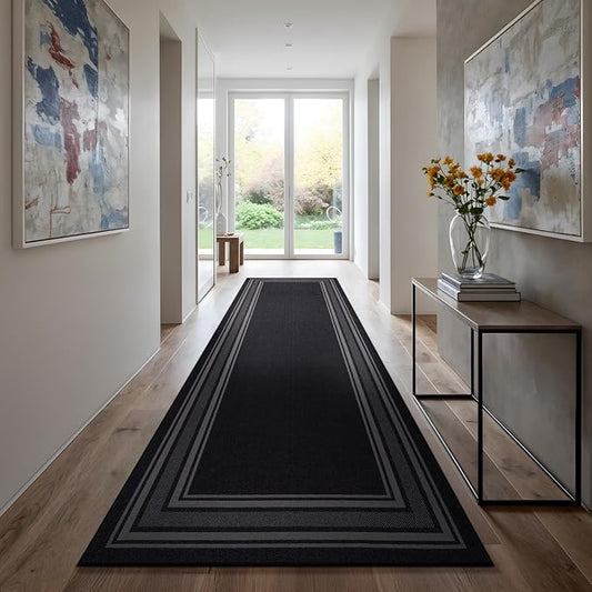 Beverly Rug Non Slip Area Rugs 2x7 Modern Bordered Non Skid Rubber Backing Soft Runner Rug for Living Dining Room Easy to Clean Non Shedding Kitchen Bedroom Indoor Carpet 2 x 7 Black
