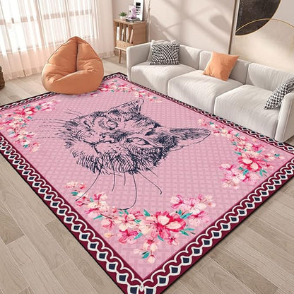 Cartoon Animal Pattern Area Rug Cute Cat Luxury Floral Decor for Carpet Farmhouse Bedroom Living Room Rugs Bathroom Kitchen Runner Mat Indoor Outdoor Non Slip Doormat 2.6' X 4'