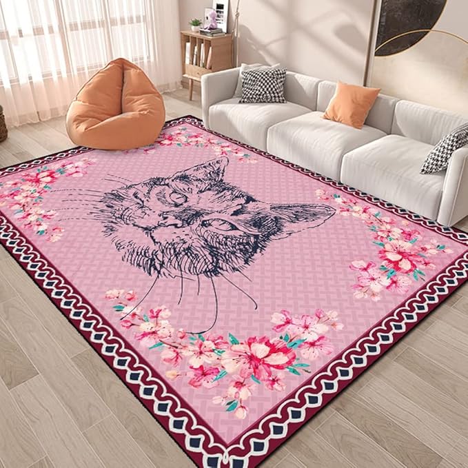 Cartoon Animal Pattern Area Rug Cute Cat Luxury Floral Decor for Carpet Farmhouse Bedroom Living Room Rugs Bathroom Kitchen Runner Mat Indoor Outdoor Non Slip Doormat 3.2' X 6.5'