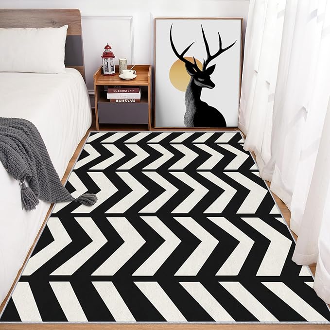 3x5 Black and White Chevron Rugs for Bedroom Decor, Washable Chevron Geometric Pattern Area Rug, Living Room Home Decoration, Non Slip Soft Thin, Modern Zigzag Decor Carpet PF-P 49