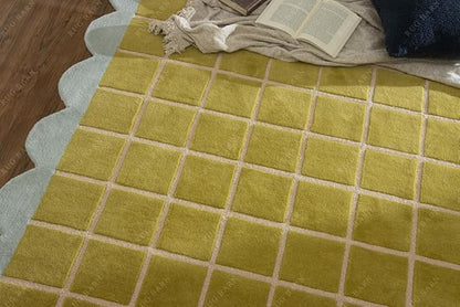 Checkered Wool Area Rug with Scalloped Border, Chartreuse Green & Cream Grid, Hand-Tufted, Soft Cut Pile, Modern Cottagecore Living Room, Bedroom & Nursery Carpet - 1x1 Ft (Sample)