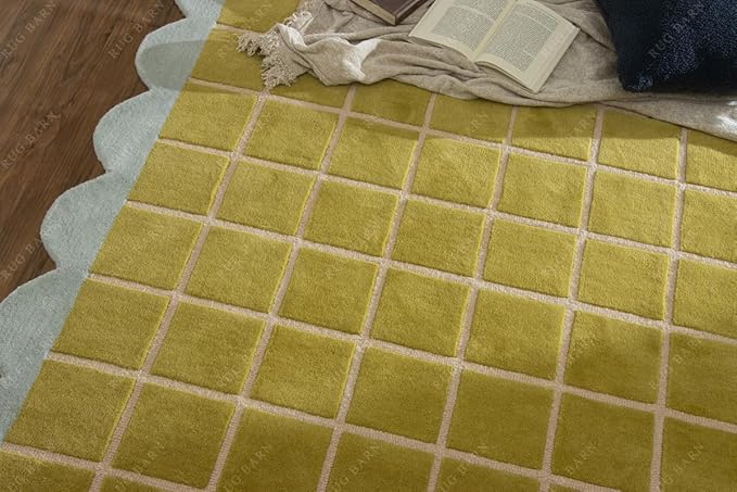 Checkered Wool Area Rug with Scalloped Border, Chartreuse Green & Cream Grid, Hand-Tufted, Soft Cut Pile, Modern Cottagecore Living Room, Bedroom & Nursery Carpet - 3x5 Ft