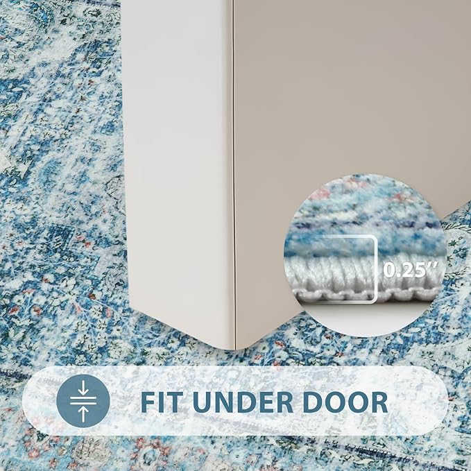 Uphome Bathroom Rugs Runner, Distressed Farmhouse Boho Light Blue Bath Mat, Non Slip Washable Long Bath Rugs, Vintage Traditonal Soft Velvet Bathroom Runner for Bathtub Sink Shower, 18x47 inch