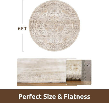 AMOAMI-6FT Round Rug-Rugs for Living Room-Vintage Soft Beige Rugs for Bedroom-Non Slip Circle Rug-Machine Washable Rug for Dining Room Living Room Bedroom Office Under Table