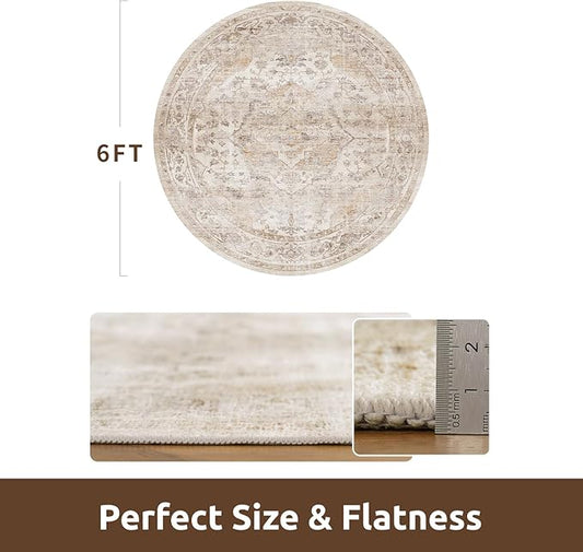 AMOAMI-6FT Round Rug-Rugs for Living Room-Vintage Soft Beige Rugs for Bedroom-Non Slip Circle Rug-Machine Washable Rug for Dining Room Living Room Bedroom Office Under Table