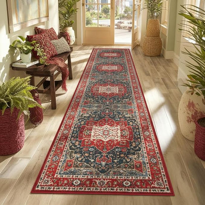 Enkor Runner Rugs for Hallway, 2x10 Washable Soft Boho Non Slip Floor Rugs for Kitchen, Modern Mat for Living Room Bedroom Entryway Red & Blue