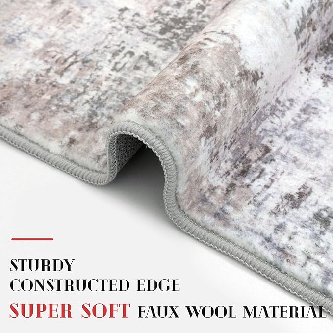 Modern Abstract Runner - 2x5, Beige Grey Washable Kitchen Entryway Rug Mat Non-Slip Soft Neutral Hallway Rug Thin Print Faux Wool Carpet for Bedroom Laundry Room Indoor