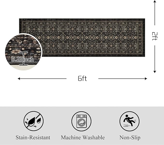 Area Rug Non Slip Machine Washable Ultra Soft Living Room/Bedroom/Kitchen/Outdoor/Classroom Black Grey, 2'×6'