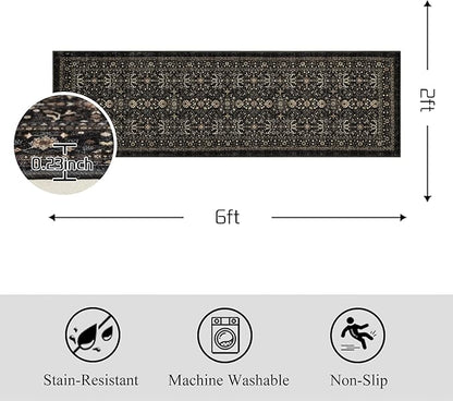 Area Rug Non Slip Machine Washable Ultra Soft Living Room/Bedroom/Kitchen/Outdoor/Classroom Black Grey, 2'×6'