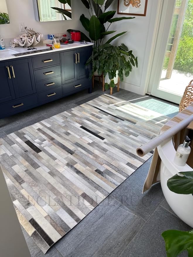 4x6 Cowhide Leather Rug, Modern Stripes Design, Dark Grey Area Rug for Living Room & Home Decor