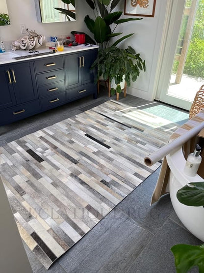 Cowhide Leather Rug for Living Room 9x12, Modern Stripes Style Floor Carpet, Washable Dark Grey Area Rug for Home Decor