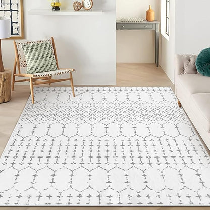 Lahome Moroccan Machine Washable Rugs - 6x9 Rug for Living Room Non-Slip Large Area Rug Lightweight Throw Non-Shed Dining Room Rug, Geometric Print White Soft Floor Carpet for Bedroom Classroom Office