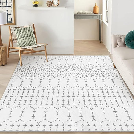 Lahome Moroccan Machine Washable Rugs - 6x9 Rug for Living Room Non-Slip Large Area Rug Lightweight Throw Non-Shed Dining Room Rug, Geometric Print White Soft Floor Carpet for Bedroom Classroom Office