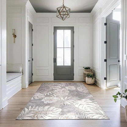 CAMILSON Indoor Outdoor Rug, Beige 7’10”x10’ Leaf Tropical Botanical Area Rugs for Indoor and Outdoor patios, Easy-Cleaning Non-Shedding Living Room, Garden and Kitchen Washable Outside Carpet (8x10)