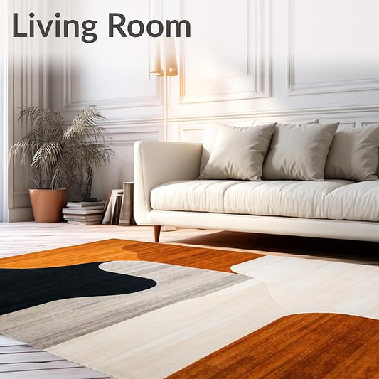 Flatwoven High Traffic Area Rug 6x9, Black Orange Abstract Geometric Shape, Non Slip, Stain Resistant, Washable Area Rugs for Living Room, Bedroom (Orange, 6x9)