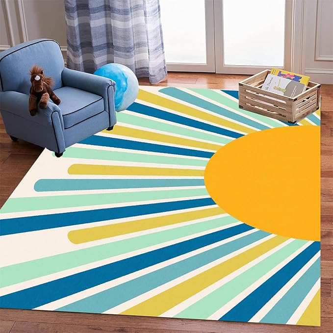 Rainbow Sun Area Rug,5x6ft,Boho Geometric Print Rug, Modern Mid-Century Colorful Rug for Kids Girls Boys Bedroom, Living Room, Classroom, Office Non-Slip Washable