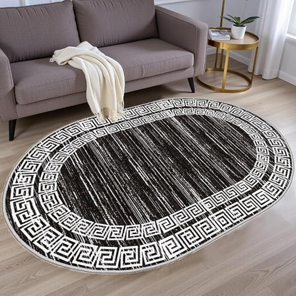 Minimalist Distressed Black Off White Greek Key Pattern Bordered Rug 6x8 for Liivng Room Bedroom Dining Room Soft Non Skid Washable Large Rugs Nursery Dorm Kitchen Rustic Classic Indoor Oval Carpet