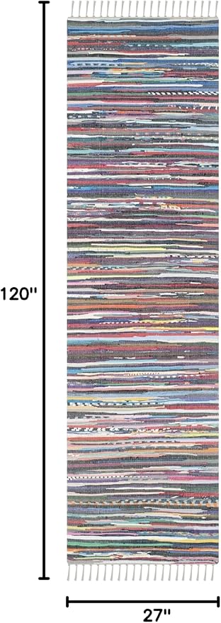 SAFAVIEH Rag Rug Collection Runner Rug - 2'3" x 10', Grey & Multi, Handmade Boho Stripe Cotton, Ideal for High Traffic Areas in Living Room, Bedroom (RAR121M)