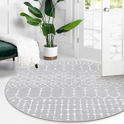 Lahome Moroccan Round Washable Rug 3Ft Small Circle Soft Non-Slip Grey Bathroom Rug, Stain Resistant Low Pile Entryway, Modern Geometric Print Indoor for Kitchen Sofa Doorway