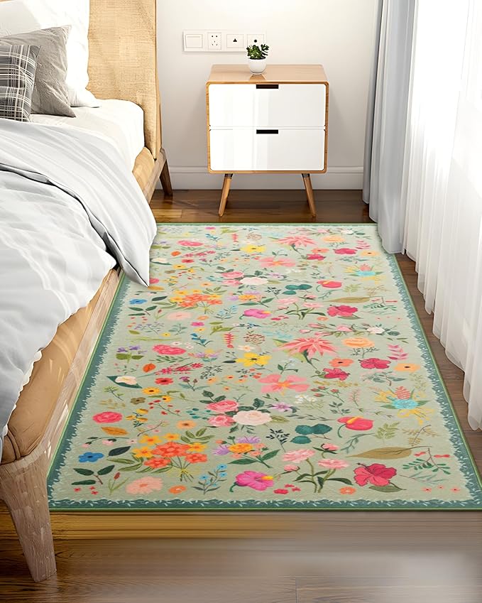 Boho Washable Area Rug 4x6 – Floral Low Pile Non-Slip Carpet for Living Room, Bedroom, Office, Playroom, Entryway, Kitchen, Dining Room (Green)