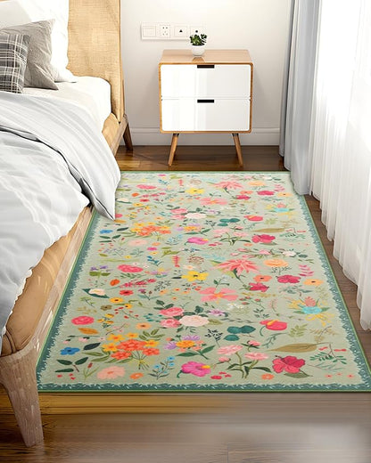Boho Washable Area Rug 4x6 – Floral Low Pile Non-Slip Carpet for Living Room, Bedroom, Office, Playroom, Entryway, Kitchen, Dining Room (Green)