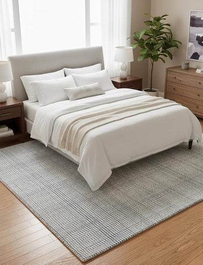 Hand-Tufted 100% Wool Pile Area Rug – Geometric Textured Grid Check Pattern – Thick and Durable Floor Carpet for Bedroom, Living Room, Kids Room, and Dining Area (Indigo Blue, 2' x 3')