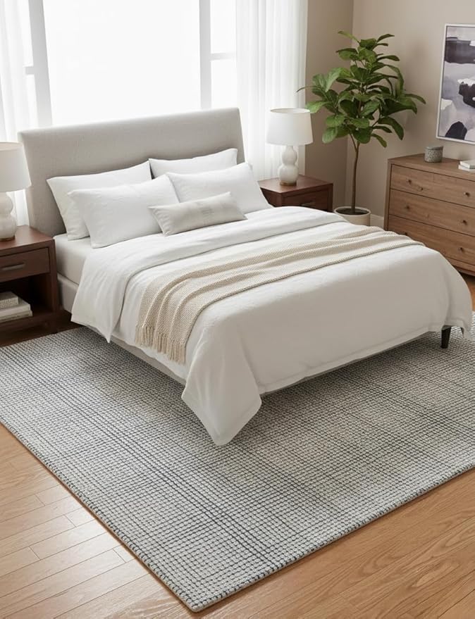 Hand-Tufted 100% Wool Pile Area Rug – Geometric Textured Grid Check Pattern – Thick and Durable Floor Carpet for Bedroom, Living Room, Kids Room, and Dining Area (Indigo Blue, 4' x 6')