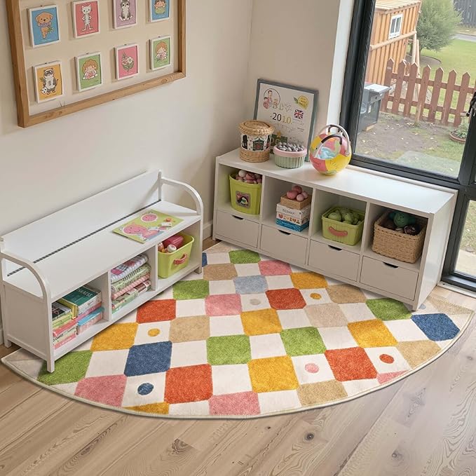 jinchan Macy Kids Rug for Nursery 5ft Radius Corner Washable Area Rug Modern Colorful Quarter Circle Rug Soft Non-Slip Carpet for Bedroom Playroom Daycare Reading Nook Classroom Circus on Cream