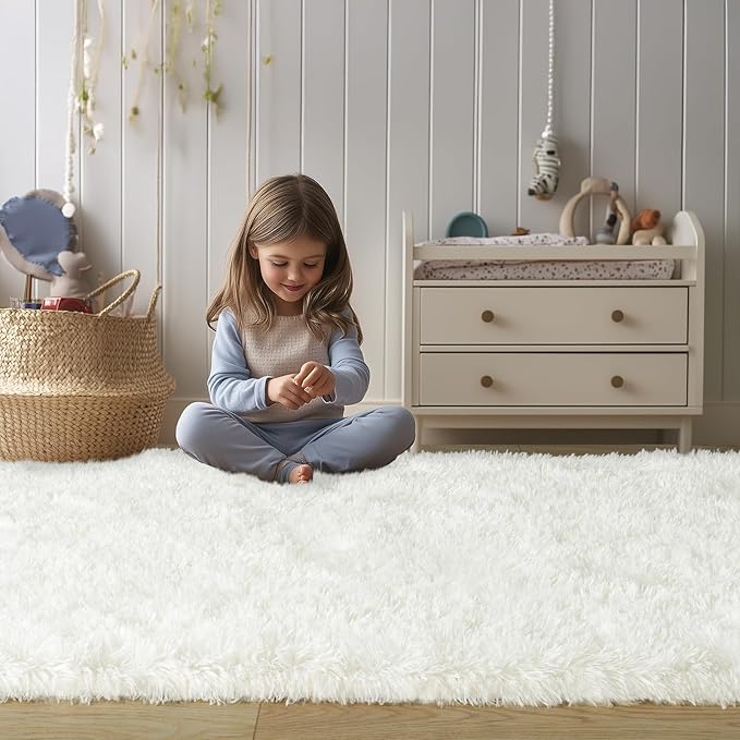 Soft Fluffy Rugs for Bedroom, Cream White Fuzzy Shaggy Oval Bedside Area Rug Set of 2, Non-Slip Cozy Plush Shag Carpet for Kids Room Nursery Dorm Living Room, 2.6 x 5.3 Feet