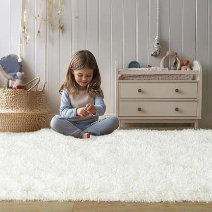 Soft Fluffy Rugs for Bedroom, Cream White Fuzzy Shaggy Oval Bedside Area Rug Set of 2, Non-Slip Cozy Plush Shag Carpet for Kids Room Nursery Dorm Living Room, 2.6 x 5.3 Feet