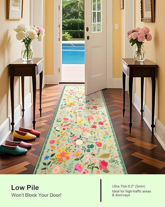 Boho Floral Runner Rug 2x6, Washable Non-Slip Kitchen Rug, Ultra Soft Vintage Carpet for Hallways, Kitchen, Bedroom, Bathroom (Green)