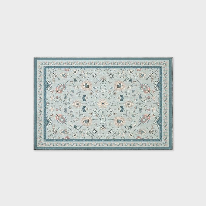 EVERGRACE Area Rugs for Entryway 2x3, Boho Floral Faux Wool Indoor Outdoor Small Rugs, Washable Rugs for Bedroom Bathroom Laundry Doormat, Low Pile Floor Mat Carpet for Home Decor, Pale Blue