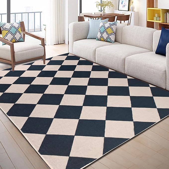 Checkered Area Rug 5x7 Black Washable Living Rugs Non-Slip Modern Ultra Soft Neutral Low Pile Diamond Carpet for Office Dining Room Playroom Kids Room