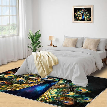 Peacock Rugs for Bedroom - 2x3 Area Rug - 3D Peacock Rugs for Living Room, Abstract Watercolor Animal Rug, Non-Slip Washable Home Decor Carpet