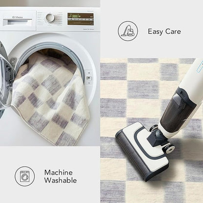 EVERGRACE Checkered Plaid Area Rug 3x5, Soft Fuzzy Faux Wool Rugs Washable Anti Slip Rugs Small Rug Carpet for Entryway Bedroom Living Room Hallway Kitchen Dining Room and Laundry Room, Light Gray