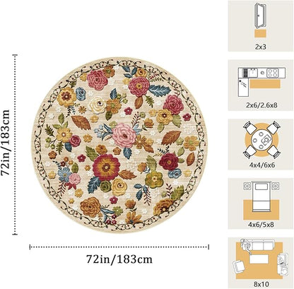 6ft Round Machine Washable Area Rug for Living Room, Beige Vintage Boho Floral Rug Large Non-Slip Low Pile Soft Faux Wool Carpet, Kids and Pets Friendly for Bedroom Nursery Farmhouse Home Decor Rug