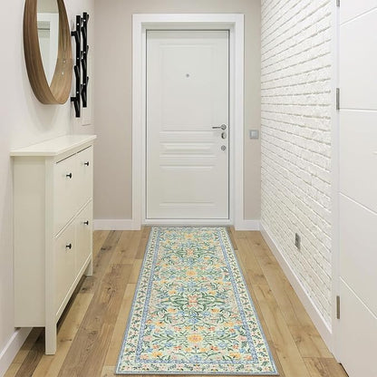 Morebes Washable Kitchen Runner Rug 2x6, Green Boho Floral Hallway Rug Runner Non Slip,Vintage Flower Soft Ultra-Thin Indoor Throw Carpet for Entryway Bathroom Laundry Room