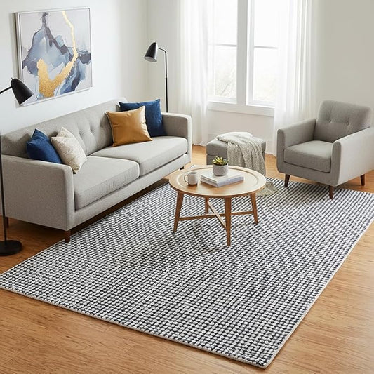 Hand-Tufted 100% Wool Pile Area Rug – Geometric Textured Grid Check Pattern – Thick and Durable Floor Carpet for Bedroom, Living Room, Kids Room, and Dining Area (Charcoal Gray, 5' Round)