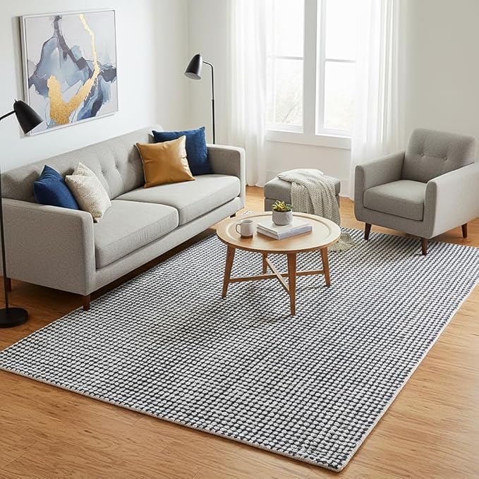 Hand-Tufted 100% Wool Pile Area Rug – Geometric Textured Grid Check Pattern – Thick and Durable Floor Carpet for Bedroom, Living Room, Kids Room, and Dining Area (Charcoal Gray, 2.6' x 10')