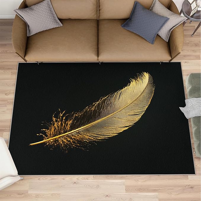 Golden Feathers Rugs for Bedroom - 6x9 Area Rug - Black Gold Feathers Rugs for Living Room, Modern Minimalist Art Rug, Washable Home Decor Carpet