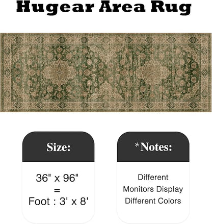 HUGEAR 3x10 Runner Rug Hallway Machine Washable Retro Green Vintage Floral Low Pile Carpet Distressed Long Throw Rug Bedroom Office Bathroom Kitchen Laundry Non Slip Soft Lightweight