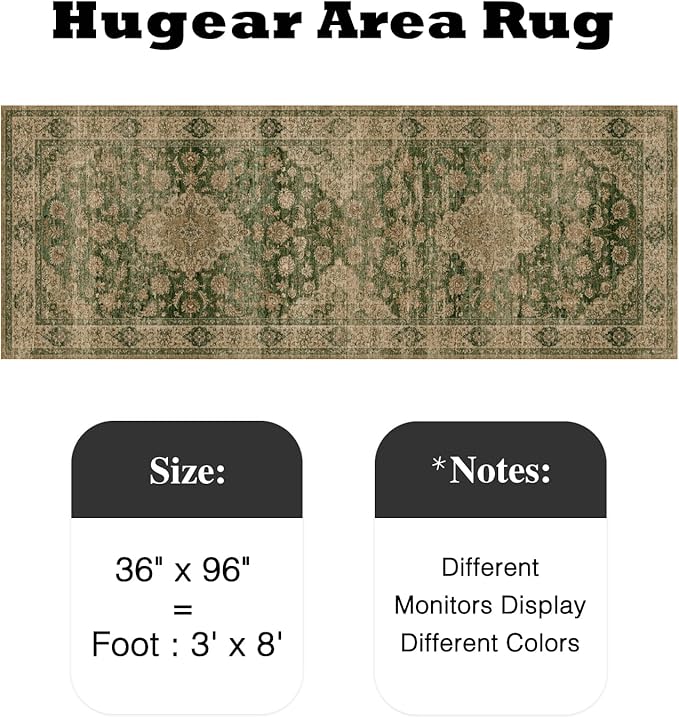HUGEAR 3x8 Runner Rug Hallway Machine Washable Retro Green Vintage Floral Low Pile Carpet Distressed Long Throw Rug Bedroom Office Bathroom Kitchen Laundry Non Slip Soft Lightweight