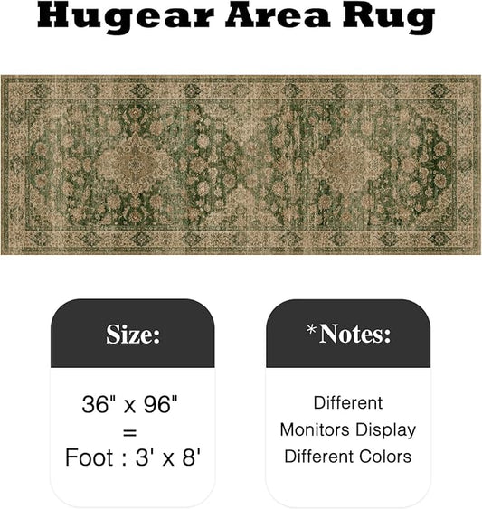 HUGEAR 3x8 Runner Rug Hallway Machine Washable Retro Green Vintage Floral Low Pile Carpet Distressed Long Throw Rug Bedroom Office Bathroom Kitchen Laundry Non Slip Soft Lightweight
