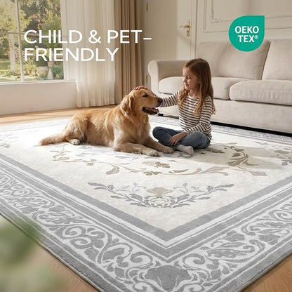 SOULFUL Medium Pile 8x10 Rugs for Living Room - Cozy Soft Underfoot Large Area Rug - Light Taupe Boho Floral - Washable Non-Slip - Perfect for Bedroom Kids Room Under Dining Table Office