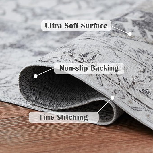 jinchan Runner Rug 2x7 Hallway Rug Kitchen Washable Runner Vintage Mat Retro Print Lightweight Non-Slip Floor Cover Distressed Thin Carpet for Entryway Bathroom Bedroom Laundry Room Stairway Grey