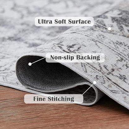 jinchan Kelda Runner Rug 3x8 Vintage Hallway Rug Kitchen Washable Runner Retro Floor Cover Lightweight Non-Slip Low Pile Thin Distressed Carpet for Entryway Bathroom Laundry Room Bedroom Stairway Grey