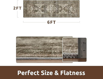 AMOAMI-2X6 Runner Rug-Washable Runners for Hallways-Soft Non Slip Bedside Rugs for Bedroom-Vintage Long Rug for Hallways Entryway Laundry Room Stair Kitchen Bathroom Light Brown/Coffee